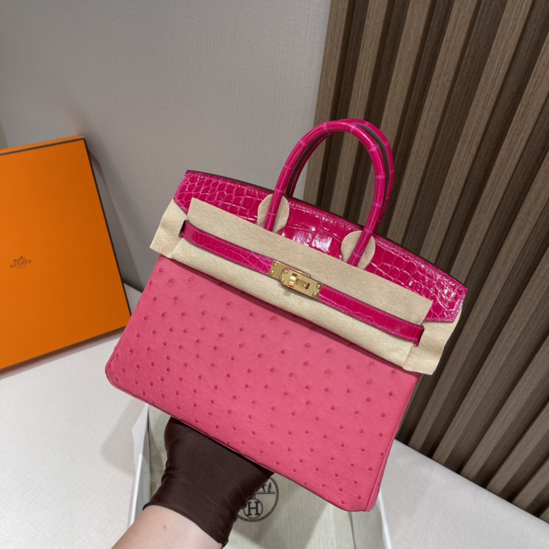 에르메스 버킨백25 티리엔 핑크 금장 타조가죽 악어가죽 핸들